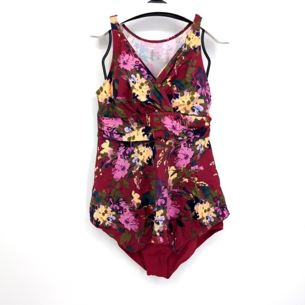 d&co. Beach Tankini Set Burgundy Floral V-Neck Ruched Women Size 14‎